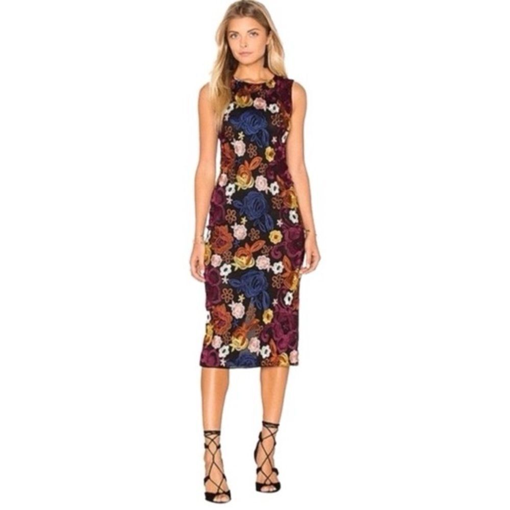 Alice + Olivia Nat Floral Blue Purple Embroidered Sleeveless Midi Sheath Dress